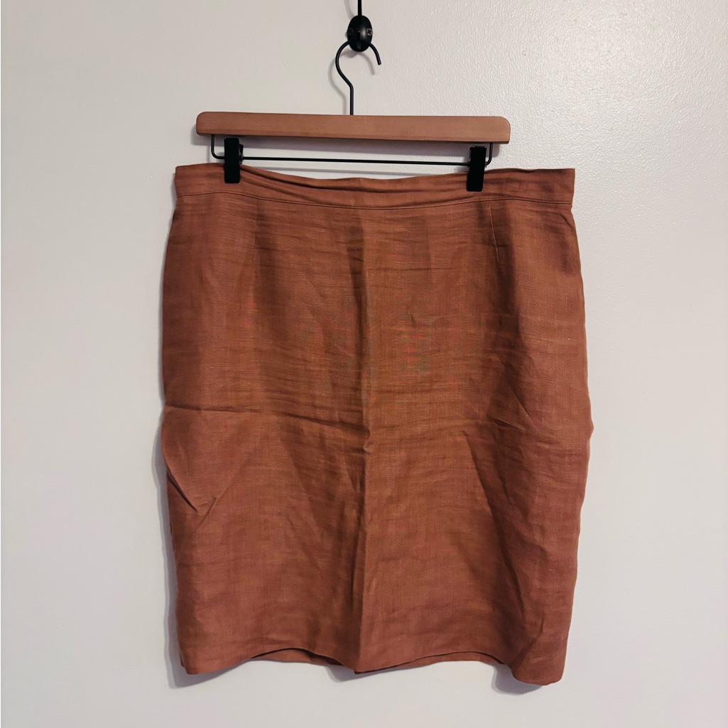 Tan Brown Vintage Linen Pencil Skirt, Waist Is 18”